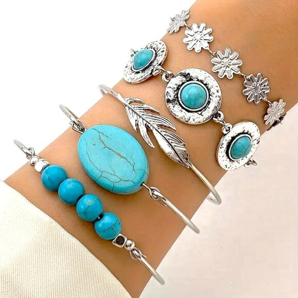 Bracelet Turquoise Silver 5pc Flower Feather Boho Trendy Stylish Southwest Glam - Picture 1 of 3